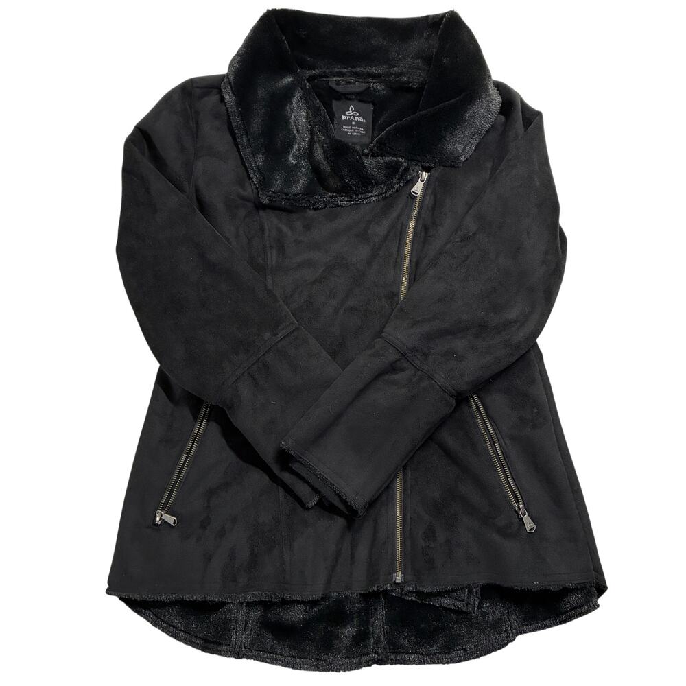 Prana Lilith Moto Jacket Womens Medium Black Full Zip Suede Faux Sherling Lined